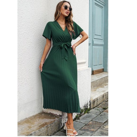 Flutter Sleeve Belted Surplice Midi Dress - Picture 2 of 9